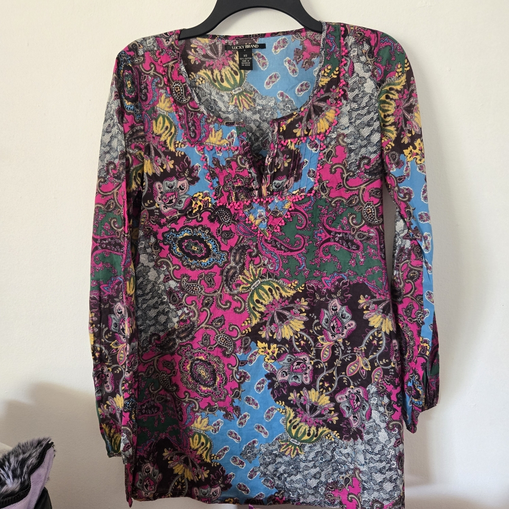 Lucky Brand XS Boho Paisley Floral Cotton Peasant Top Pink Blue - Picture 3 of 13